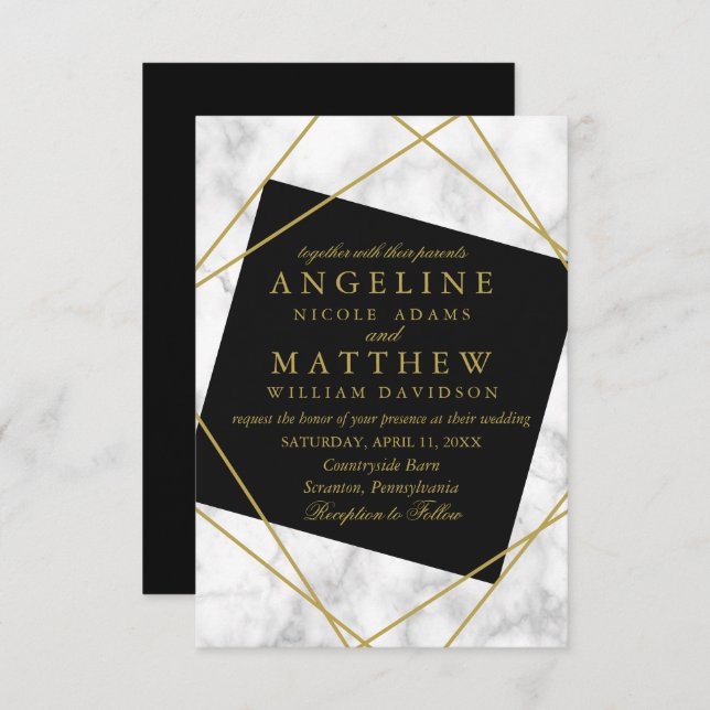 Marble Black and Faux Gold Geometric Wedding Invitation (Front/Back)