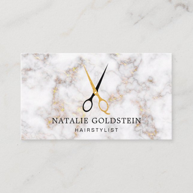 Marble Black and Gold Scissors Hairstylist Business Card (Front)