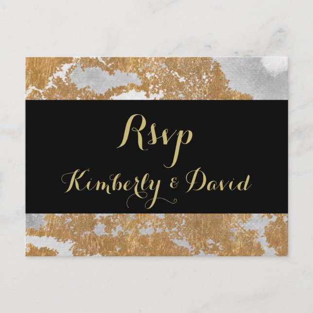 Marble Black and Gold Wedding rsvp Postcard (Front)