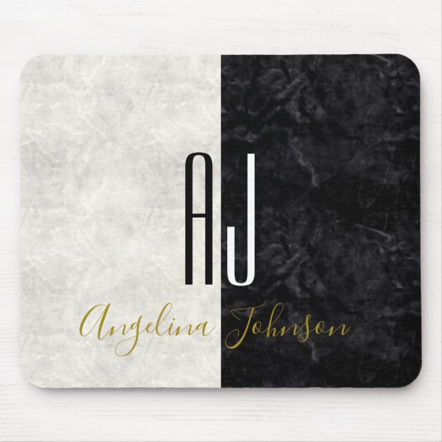 Marble Black and White Initials Monogrammed Mouse Mat (Front)