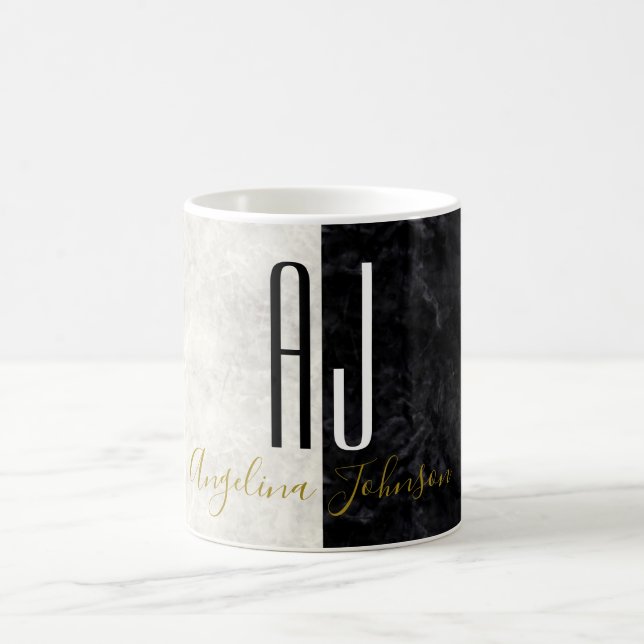Marble Black and White Simple Initials Monogram Coffee Mug (Center)