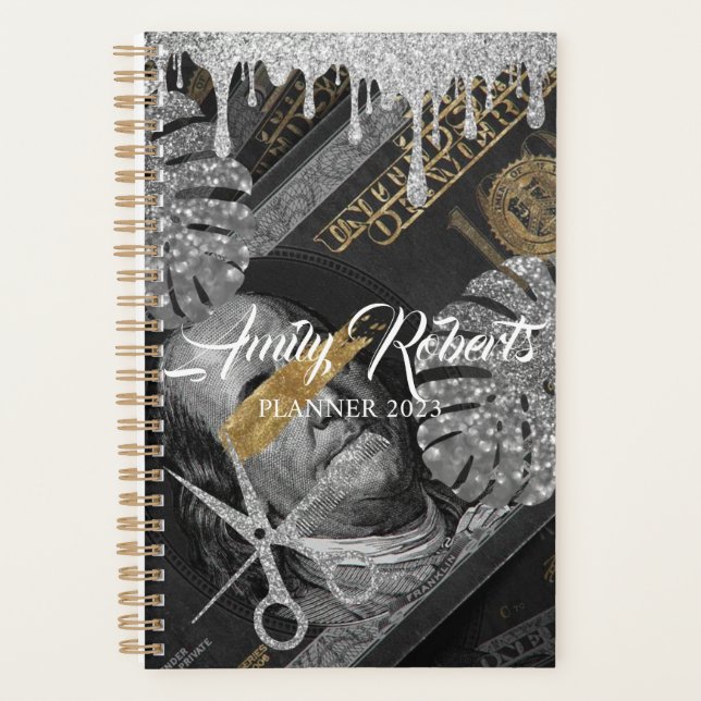 Marble Black Dollar Silver Sparkling Salon Planner (Front)