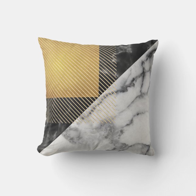 Marble Black Gold Silver Squares Geometry Linear Cushion (Front)