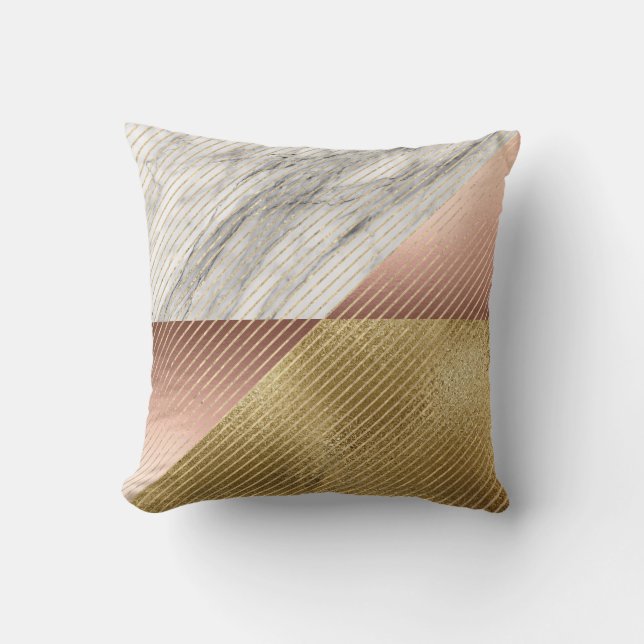 Marble Black Gray Rose Gold VIP Geometry Stripes Cushion (Front)