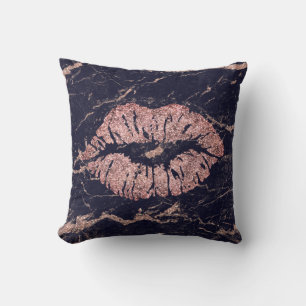 Marble Black Rose Glitter Kiss Lips Gray Metallic Cushion