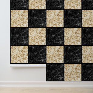 Marble Black White Ivory Gold Checkers Wallpaper
