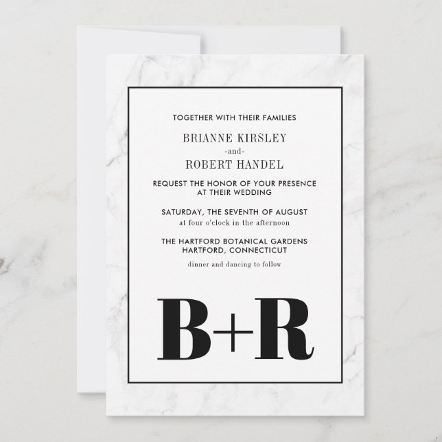 Marble Black & White Monogram Wedding Invitation (Front)