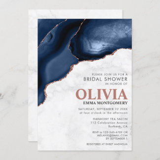 Marble Blue Agate Rose Gold Glitter Bridal Shower Invitation