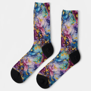 Marble Blue and Purple with Accent Gold Splatters Socks