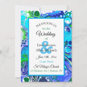 Marble Blue Green Pour Painting Effect Wedding Inv Invitation