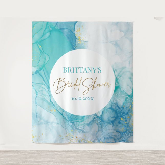 Marble blue mint bridal shower modern backdrop tapestry (Front)