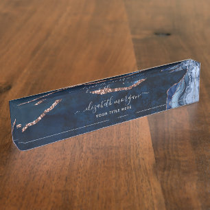 Marble Blue Rose Gold Foil Agate Signature Script Nameplate