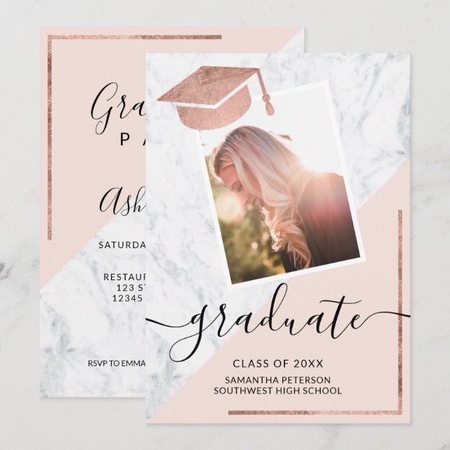 Marble blush rose gold graduate photo graduation invitation (Front/Back)