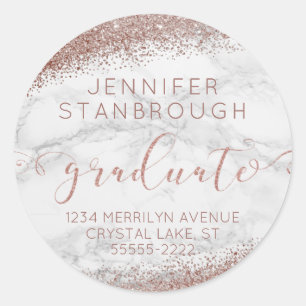 Marble, Blush & Rose Gold Script Graduate Address Classic Round Sticker