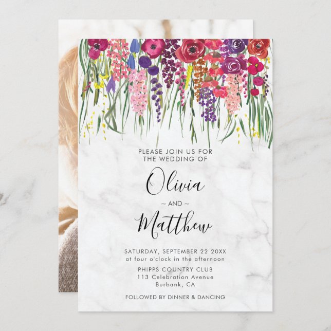 Marble Boho Acrylic Flowers Photo Wedding Invitation (Front/Back)