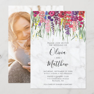 Marble Boho Acrylic Flowers Photo Wedding Invitation