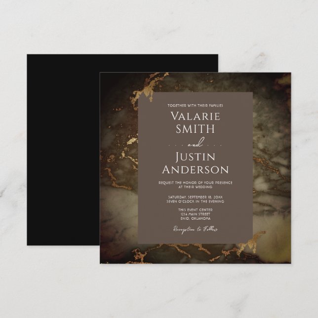Marble Brown and Gold Wedding Invitation (Front/Back)