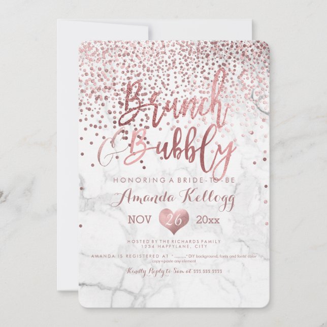 Marble Brunch N Bubbly/Faux Rose Gold Confetti Invitation (Front)
