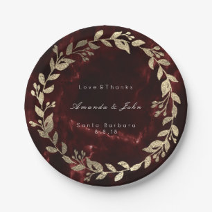 Marble Burgundy Gold Custom Floral Wreath Luxury Paper Plate