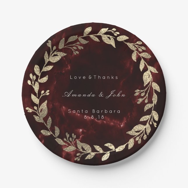 Marble Burgundy Gold Custom Floral Wreath Luxury Paper Plate (Front)