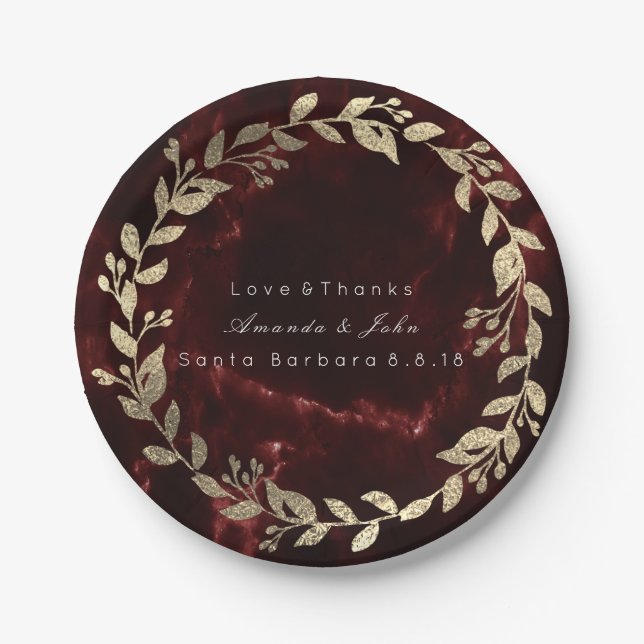 Marble Burgundy Red Gold Custom Floral Wreath Paper Plate (Front)