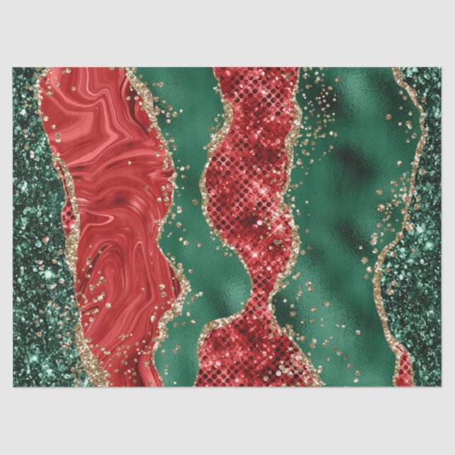 Marble Christmas Red, Green and Gold Glitter Agate Tissue Paper (Front)
