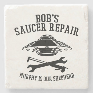 marble coaster with Bob's Saucer Repair logo