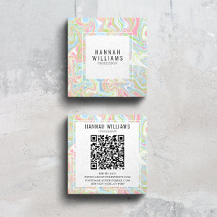Marble Colourful Rainbow QR Code Liquid Boho Moder Square Business Card