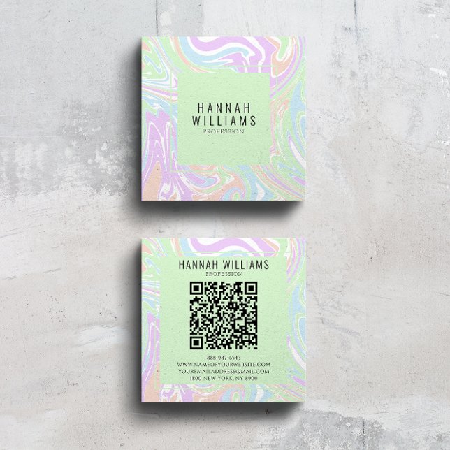 Marble Colourful Rainbow QR Code Liquid Boho Squar Square Business Card (Creator Uploaded)