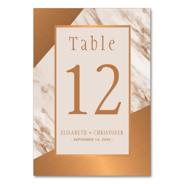 Marble copper glam geometric wedding table number (Front)