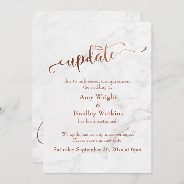 Marble Copper Postponed Wedding "Update" Invitation (Front/Back)