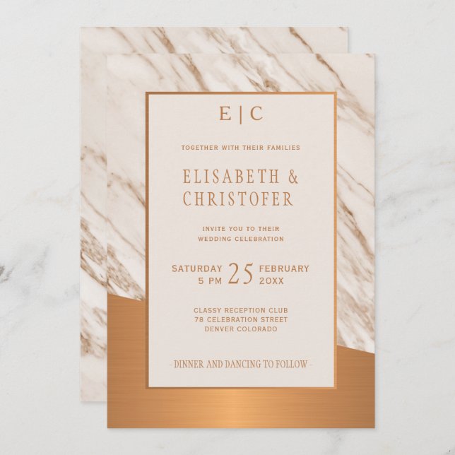 Marble copper simple elegant classy wedding invite (Front/Back)