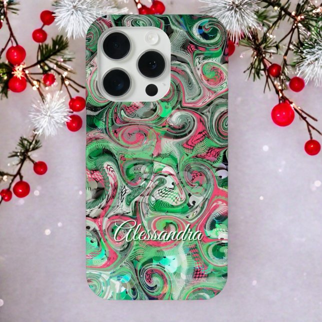 Marble cute script name festive green red white  iPhone case (Creator Uploaded)