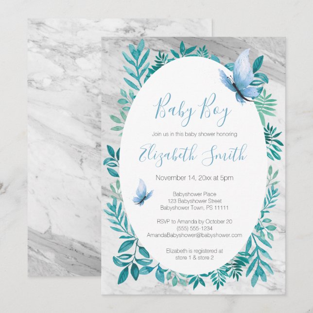 Marble cute watercolor blue butterfly babyshower invitation (Front/Back)