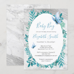Marble cute watercolor blue butterfly babyshower invitation
