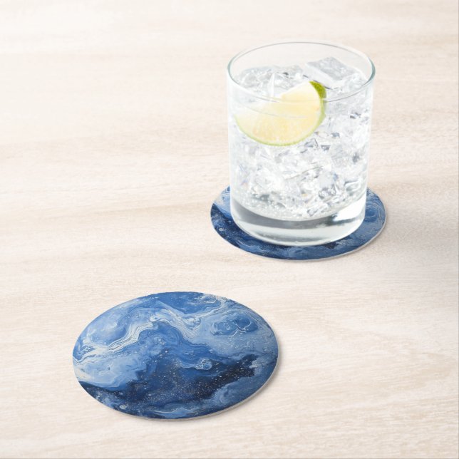 Marble Deep Blue Round Paper Coaster (Insitu)