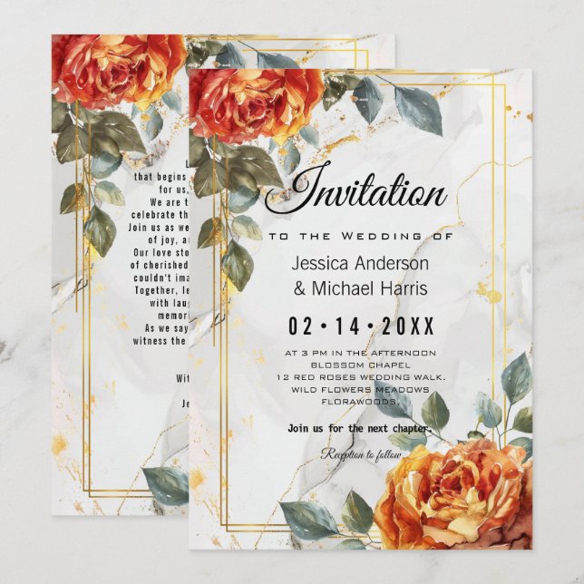 Marble Dreams: Orange Rose Elegance Collection Invitation (Front/Back)