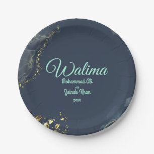 Marble Dusty Blue Walima Islamic Wedding  Paper Plate