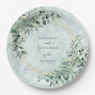 Marble Elegant Greenery Gold Geometric Wedding Paper Plate