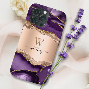  Marble Elegant Liquid Ink Rose Gold Purple Agate iPhone 15 Pro Max Case