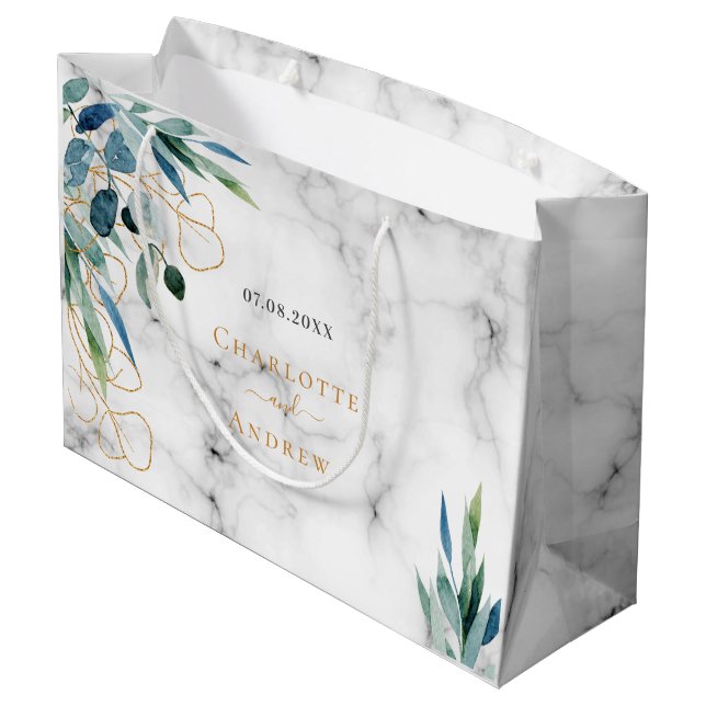 Marble eucalyptus greenery gold names wedding  large gift bag (Back Angled)