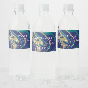 Marble Faux Gold Blue Wedding Water Bottle Label