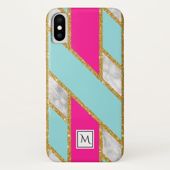 Marble FAUX Gold Gliz Pink Blue Lattice Monogram Case-Mate iPhone Case (Back)