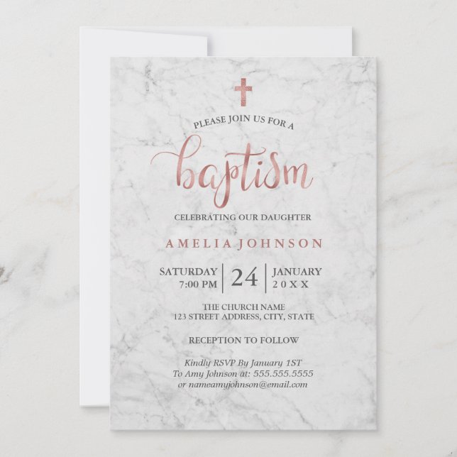 Marble Faux Rose Gold Baptism Invitation (Front)