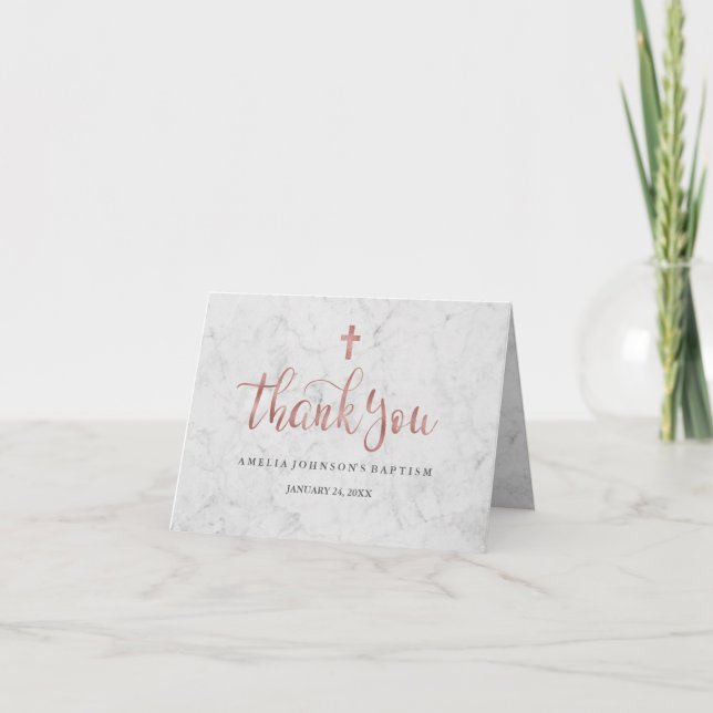 Marble Faux Rose Gold Baptism Thank You Card (Front)
