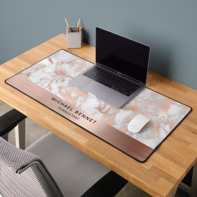 Marble Faux Rose Gold Metallic Business Desk Mat (Office 2)