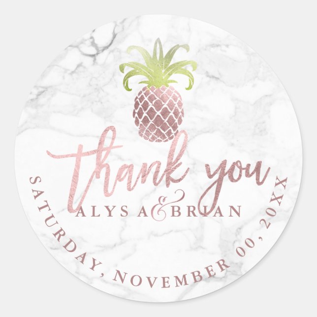 Marble/Faux Rose Gold Pineapple Thank You Classic Round Sticker (Front)