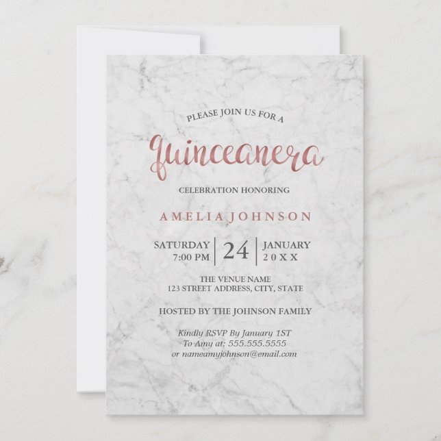 Marble Faux Rose Gold Quinceanera Invitation (Front)