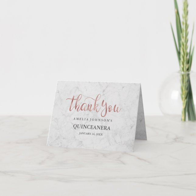 Marble Faux Rose Gold Quinceanera Thank You Card (Front)