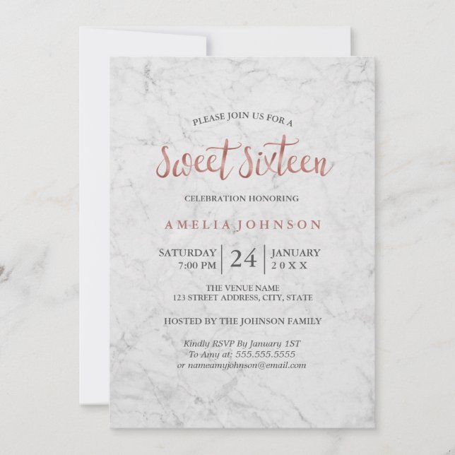 Marble Faux Rose Gold Sweet Sixteen Invitation (Front)